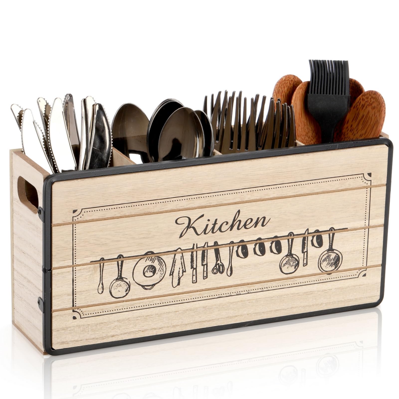 Noamus Kitchen Utensil Holder, 4 Compartment Wooden Cutlery Silverware Caddy, Rustic Flatware Organizers Countertop Decor with Handles, Cooking Tools Storage Box for Spoons, Knives, Forks