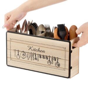 Noamus Kitchen Utensil Holder, 4 Compartment Wooden Cutlery Silverware Caddy, Rustic Flatware Organizers Countertop Decor with Handles, Cooking Tools Storage Box for Spoons, Knives, Forks