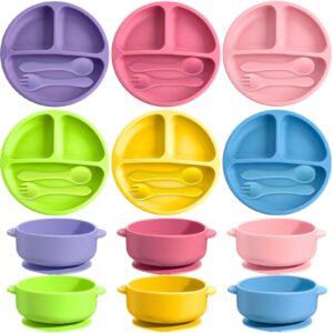 dandat 24 pcs silicone baby feeding set, 6 baby toddler suction bowls 6 divided suction plates with 6 forks 6 spoons, baby utensils set for weaning infant feeding and eating, 6 styles (bright color)