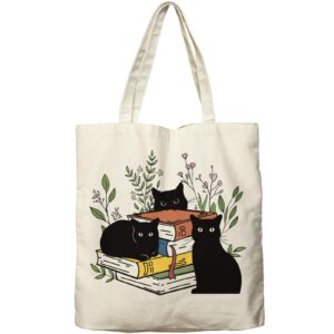 dlzdn black cat canvas tote bag for women aesthetic cute cat floral book tote bag shopping grocery bag beach bag gifts for women teacher bag reusable grocery bag