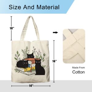 Dlzdn Black Cat Canvas Tote Bag For Women Aesthetic Cute Cat Floral Book Tote Bag Shopping Grocery Bag Beach Bag Gifts for Women Teacher Bag Reusable Grocery Bag