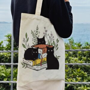 Dlzdn Black Cat Canvas Tote Bag For Women Aesthetic Cute Cat Floral Book Tote Bag Shopping Grocery Bag Beach Bag Gifts for Women Teacher Bag Reusable Grocery Bag