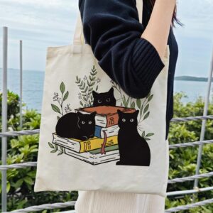 Dlzdn Black Cat Canvas Tote Bag For Women Aesthetic Cute Cat Floral Book Tote Bag Shopping Grocery Bag Beach Bag Gifts for Women Teacher Bag Reusable Grocery Bag