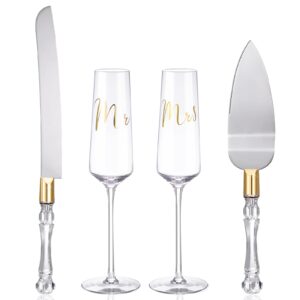 4 pieces wedding toasting flutes and cake server set wedding reception supplies champagne glasses cake knife pie server (gold,classic)