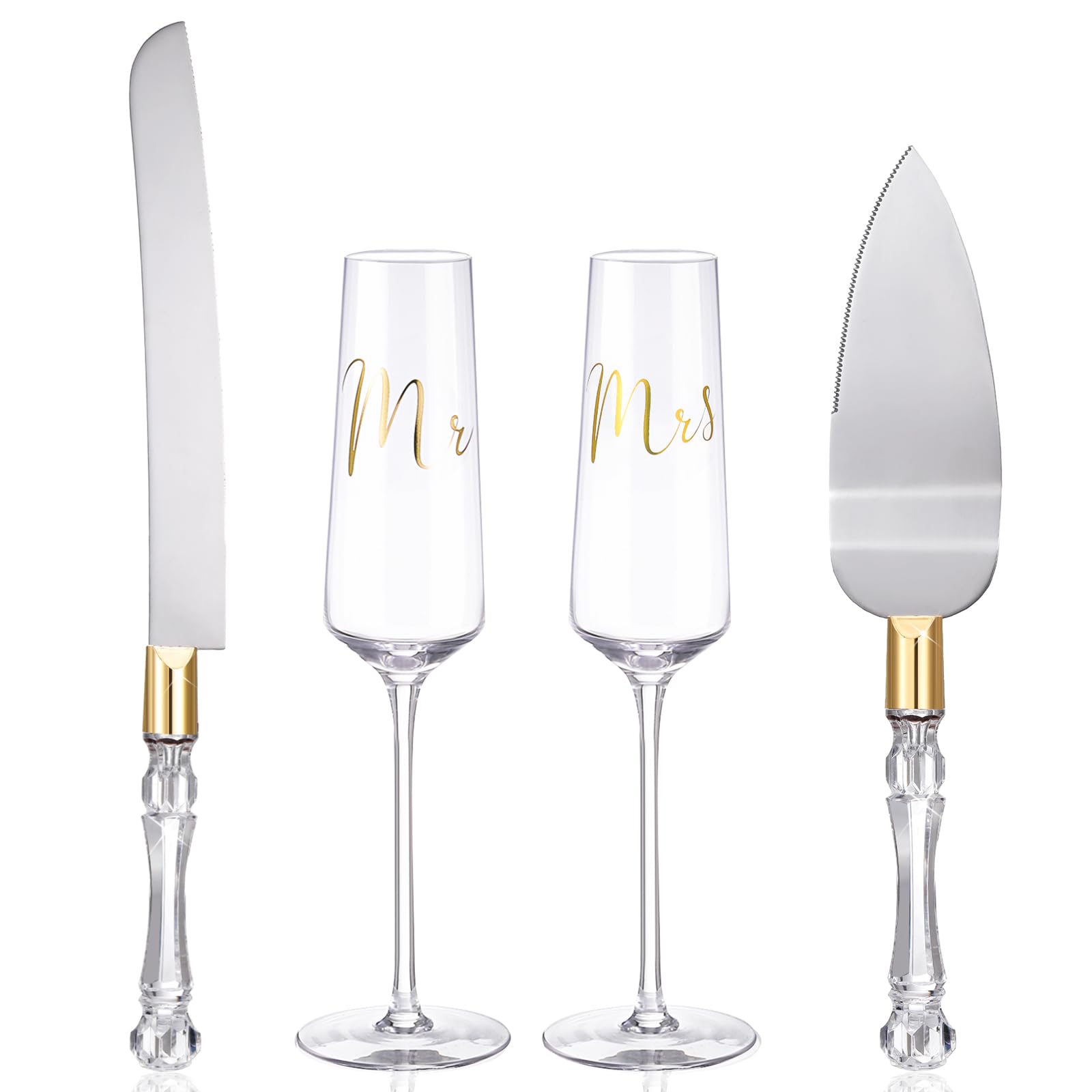 4 Pieces Wedding Toasting Flutes and Cake Server Set Wedding Reception Supplies Champagne Glasses Cake Knife Pie Server (Gold,Classic)