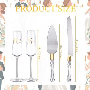 4 Pieces Wedding Toasting Flutes and Cake Server Set Wedding Reception Supplies Champagne Glasses Cake Knife Pie Server (Gold,Classic)