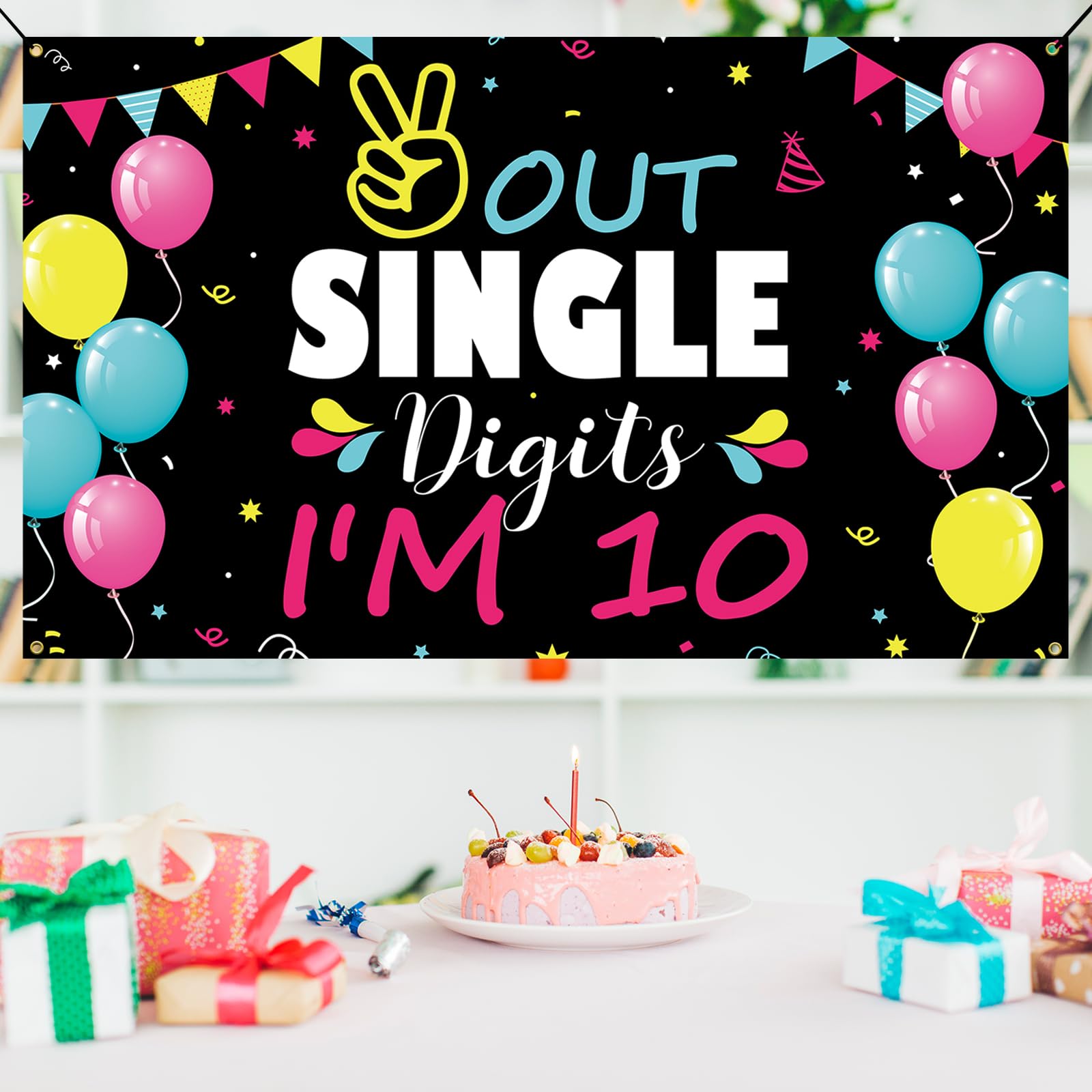 HTDZZI 10th Birthday Decorations for Girls Boys, Happy 10th Birthday Backdrop Banner, Double Digits 10 Year Old Birthday Party Yard Sign Photo Props Background Decor Supplies, Fabric