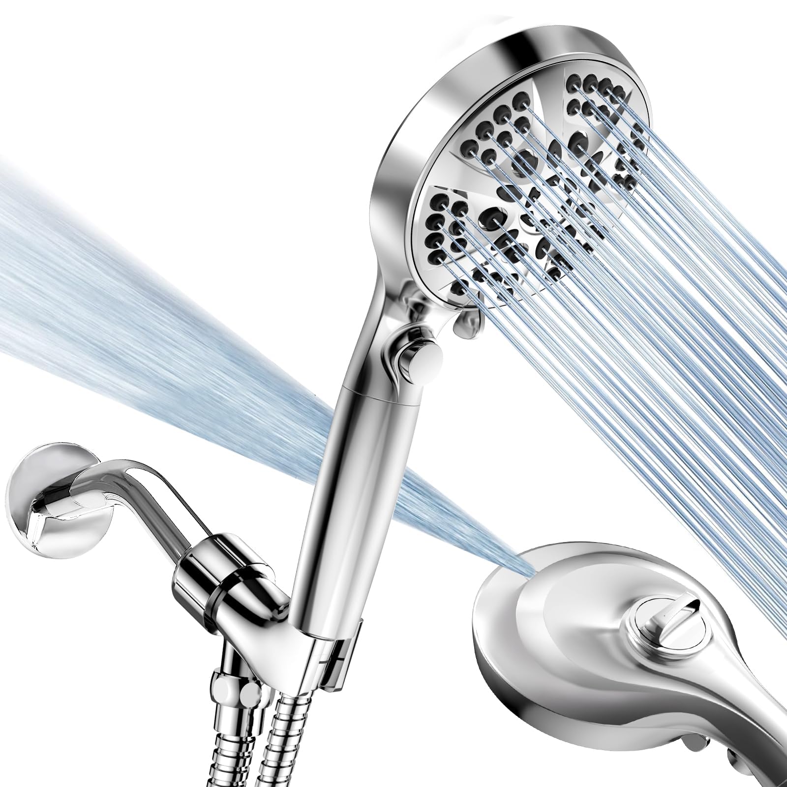 High Pressure 10-mode Handheld Shower Head Set with 60" Hose, ROOSSI Detachable Filter Shower Head with ON/OFF Pause Switch Built-in 2-Mode Tub & Tile Power Wash (Chrome）