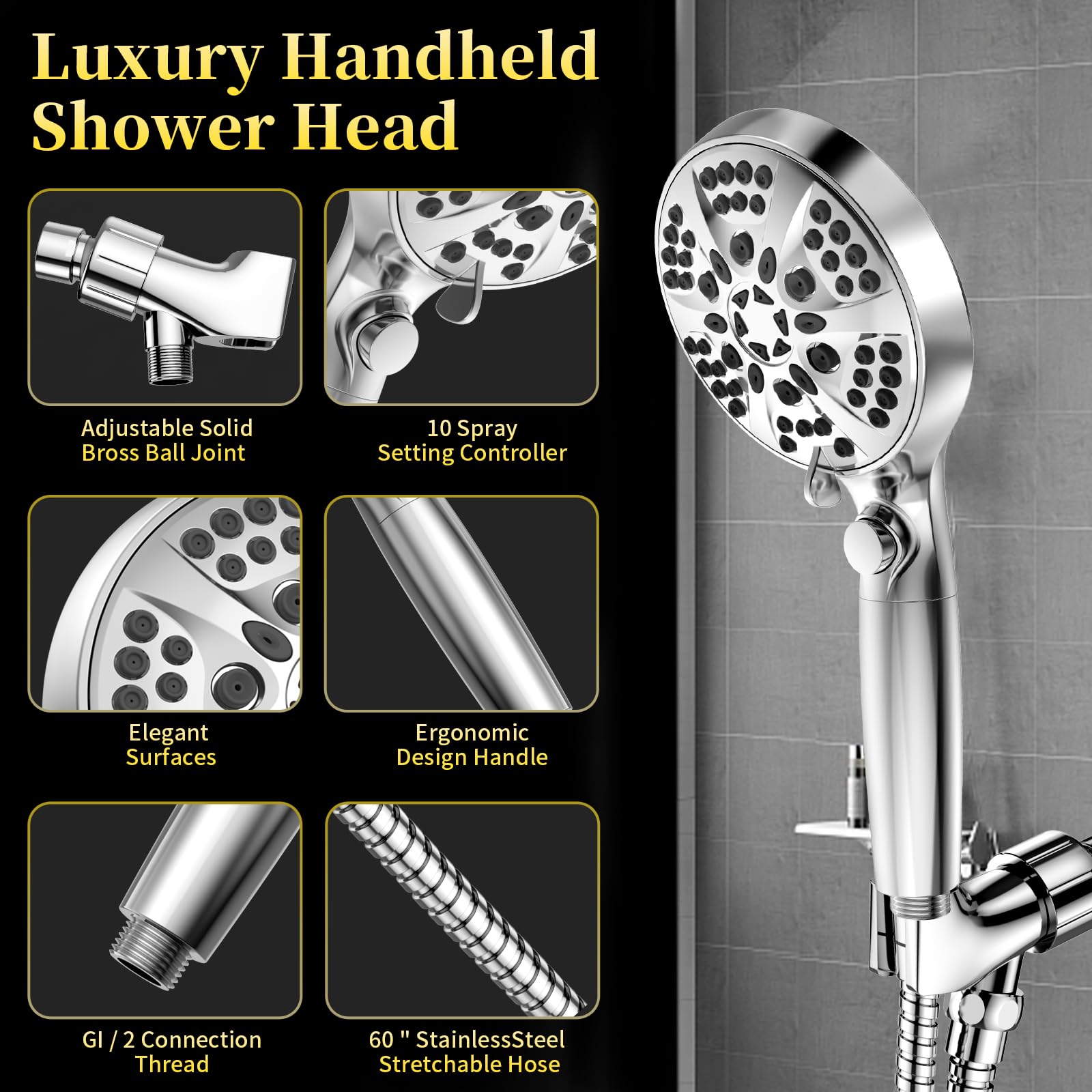 High Pressure 10-mode Handheld Shower Head Set with 60" Hose, ROOSSI Detachable Filter Shower Head with ON/OFF Pause Switch Built-in 2-Mode Tub & Tile Power Wash (Chrome）