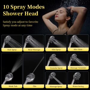 High Pressure 10-mode Handheld Shower Head Set with 60" Hose, ROOSSI Detachable Filter Shower Head with ON/OFF Pause Switch Built-in 2-Mode Tub & Tile Power Wash (Chrome）