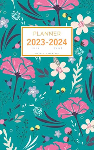 Planner July 2023-2024 June: 5x8 Weekly and Monthly Organizer Small | Fairy Aesthetic Flower Design Teal