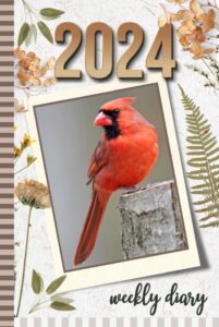 2024 weekly diary: hardcover / 6x9 dated personal organizer / daily scheduler with checklist - to do list - note section - habit tracker / organizing gift / red cardinal - rustic botanical art cover