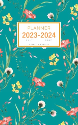 Planner July 2023-2024 June: 5x8 Weekly and Monthly Organizer Small | Watercolor Natural Wildflower Design Teal