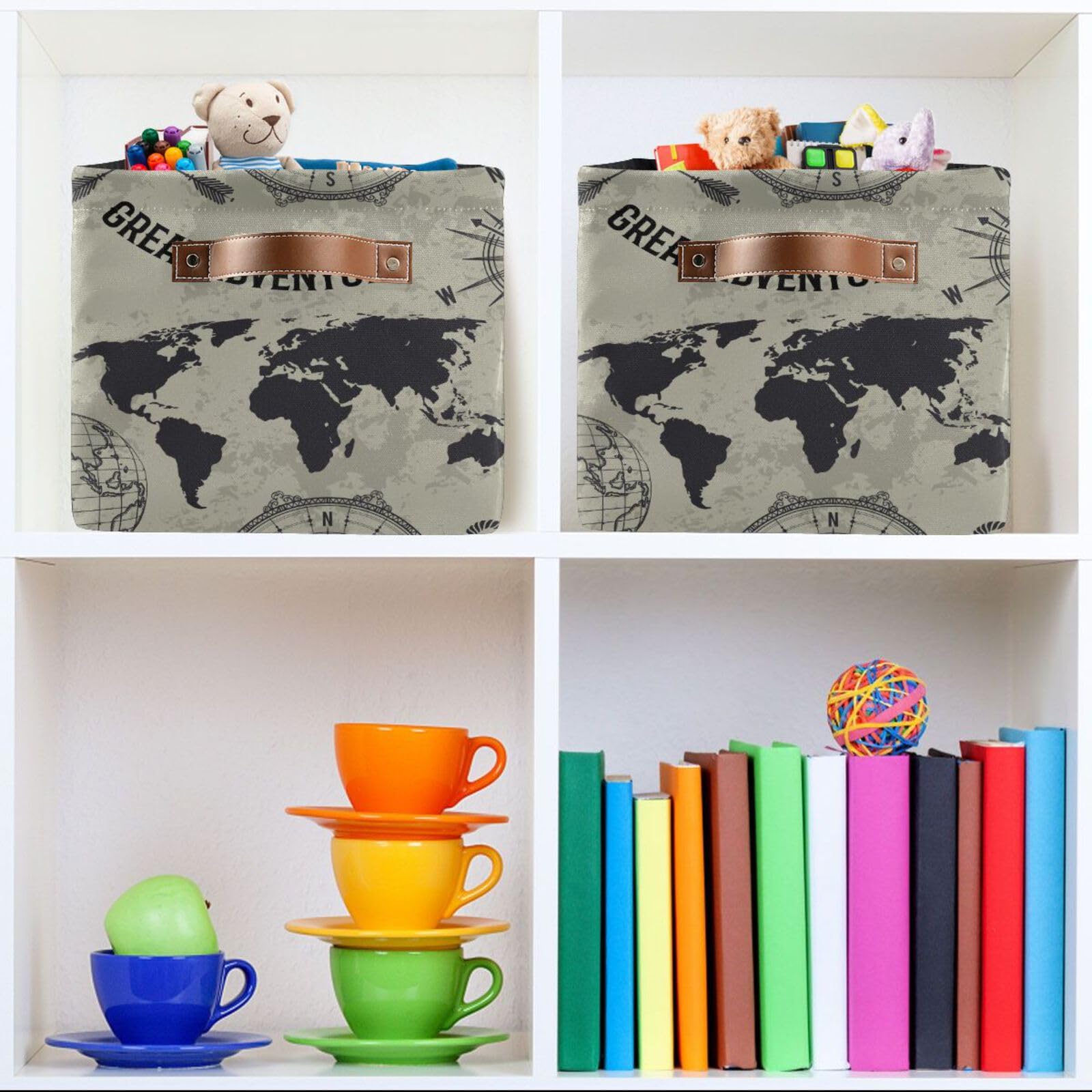 SDMKA Fabric Storage Baskets Retro Map Pattern Foldable Baskets Large Storage Bins for Organizing Shelves Closet Home, Decorate Your Rooms