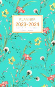planner july 2023-2024 june: 5x8 weekly and monthly organizer small | watercolor natural wildflower design turquoise