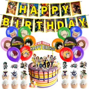 my hero academia party supplies, birthday decorations set including balloons, banner, cake toppers, cupcake toppers for mha fans kids, mha theme birthday party supplies