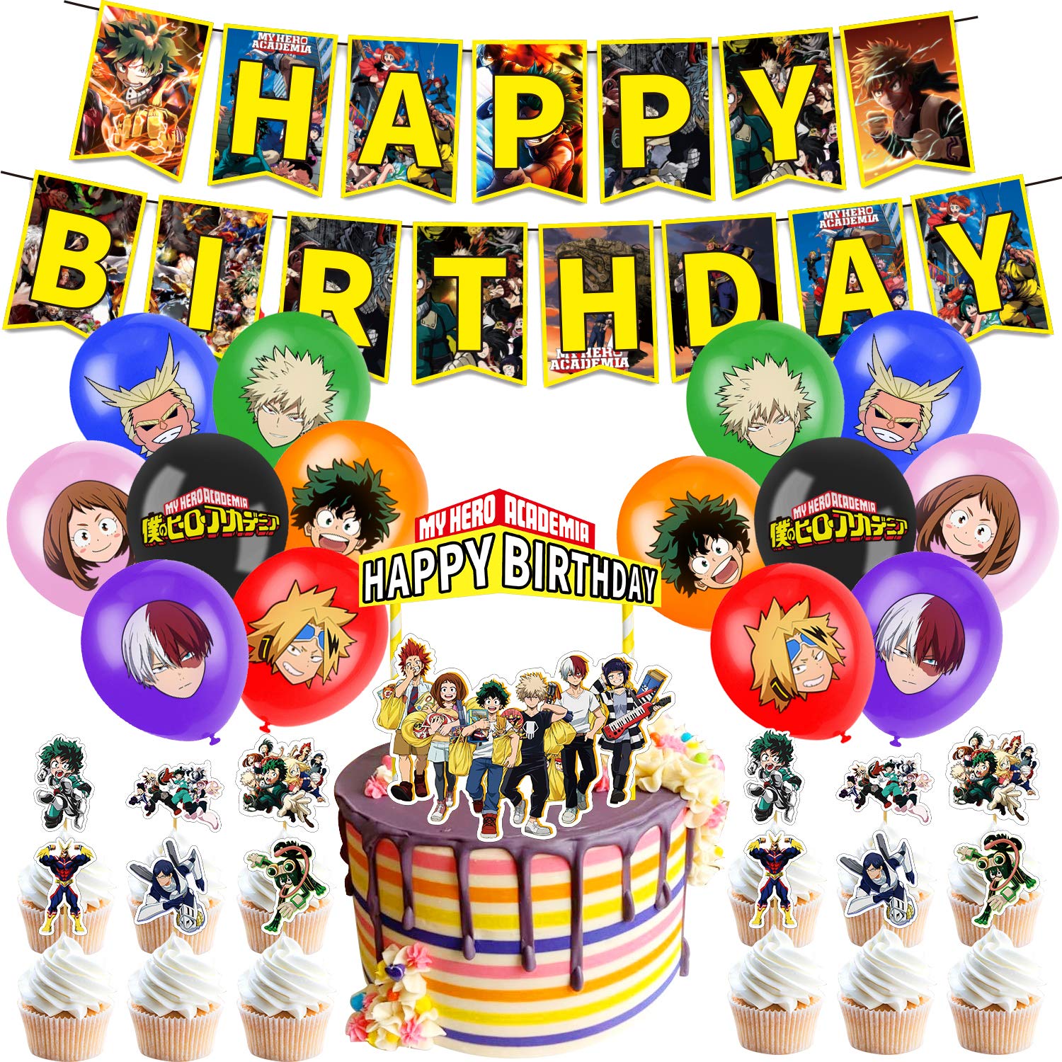 My Hero Academia Party Supplies, Birthday Decorations Set Including Balloons, Banner, Cake Toppers, Cupcake Toppers for MHA Fans Kids, MHA Theme Birthday Party Supplies