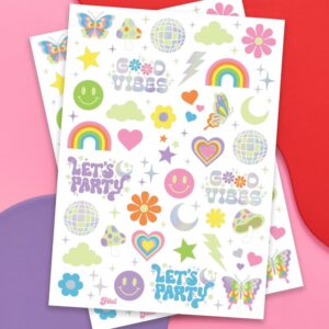 xo, Fetti Groovy Disco Glow in Dark + Foil Temporary Tattoos - 82 pc | Flower Power Birthday Party Supplies, Rave Bachelorette Party Favors, Smiley Decorations, Y2K, Rainbow Arts and Crafts