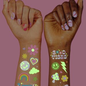 xo, Fetti Groovy Disco Glow in Dark + Foil Temporary Tattoos - 82 pc | Flower Power Birthday Party Supplies, Rave Bachelorette Party Favors, Smiley Decorations, Y2K, Rainbow Arts and Crafts