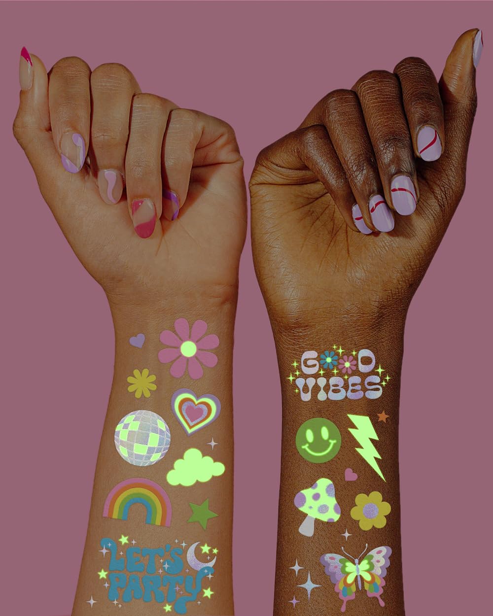 xo, Fetti Groovy Disco Glow in Dark + Foil Temporary Tattoos - 82 pc | Flower Power Birthday Party Supplies, Rave Bachelorette Party Favors, Smiley Decorations, Y2K, Rainbow Arts and Crafts