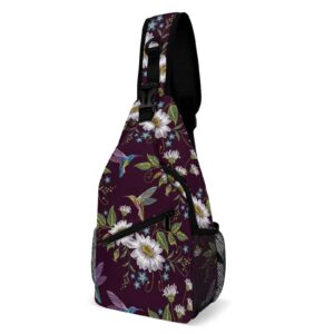 nawfive embroidery hummingbird sling bag crossbody shoulder backpack flower adjustable lightweight travel hiking casual daypack for men women