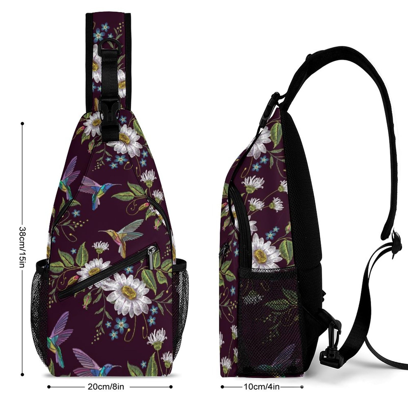 NAWFIVE Embroidery Hummingbird Sling Bag Crossbody Shoulder Backpack Flower Adjustable Lightweight Travel Hiking Casual Daypack for Men Women