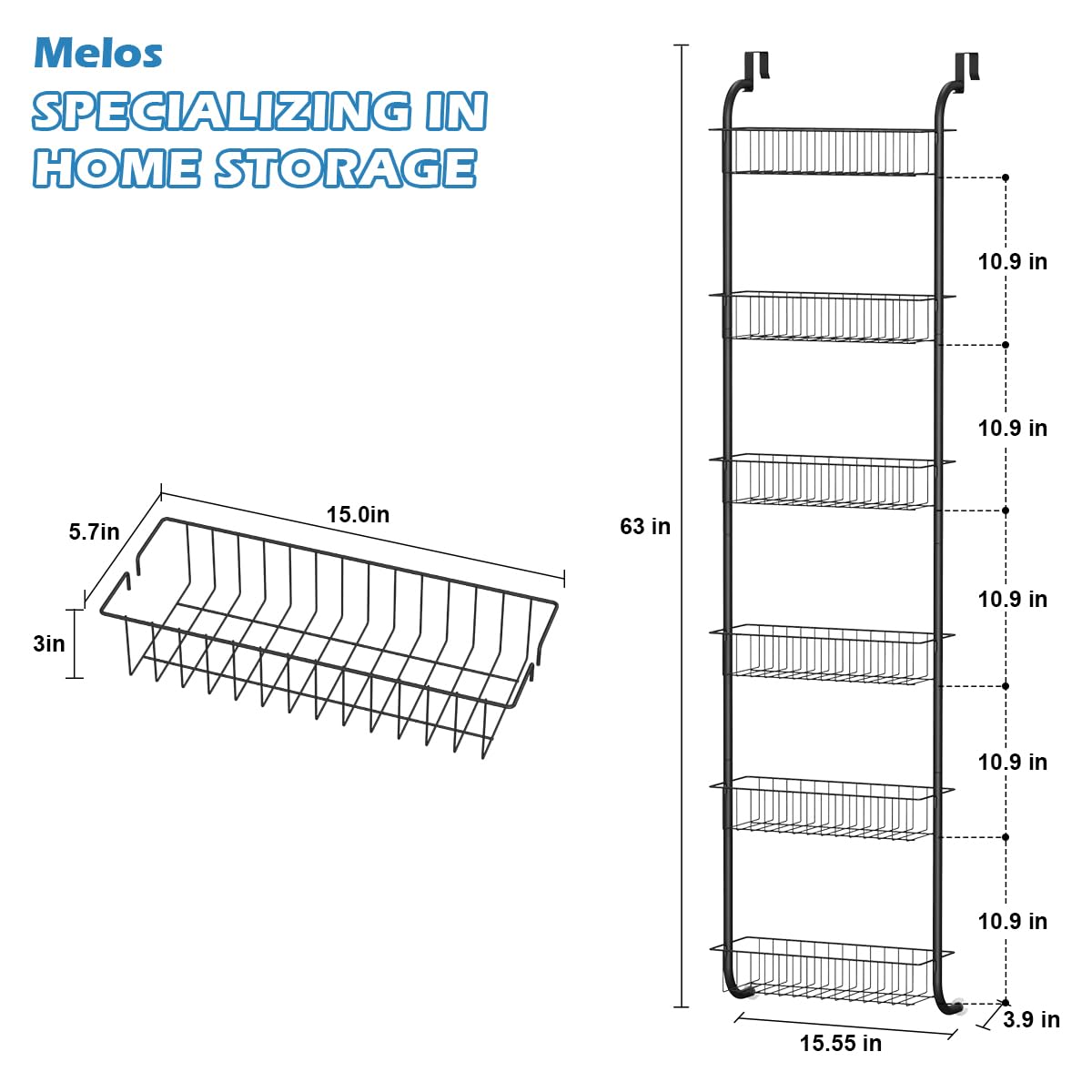 melos White Over The Door Pantry Organizer Rack, 8 Tier Heavy-Duty Metal Back Of Door Shelf Organizer, Over The Door Hanging Spice Rack With 8 Baskets for Closet, Bathroom, Kitchen