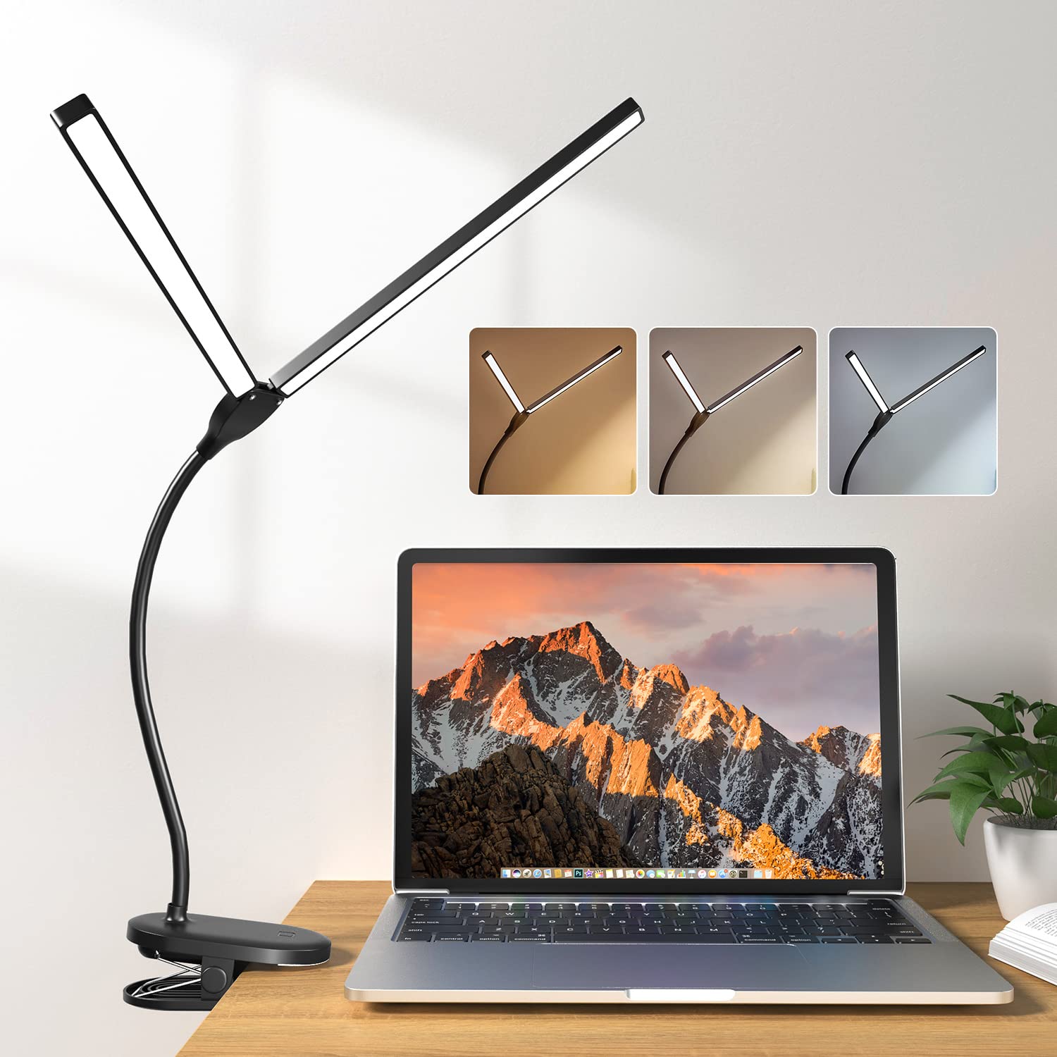 Mubarek Desk Lamp, 900LM Double Head Clip On Light, 30 Modes LED Desk Lamp, Dimmable LED Desk Light,360° Adjustable Clip On Lamp, Rechargeable Clip On Desk Lamp, Eye Care Clamp Table Light,Piano Lamp