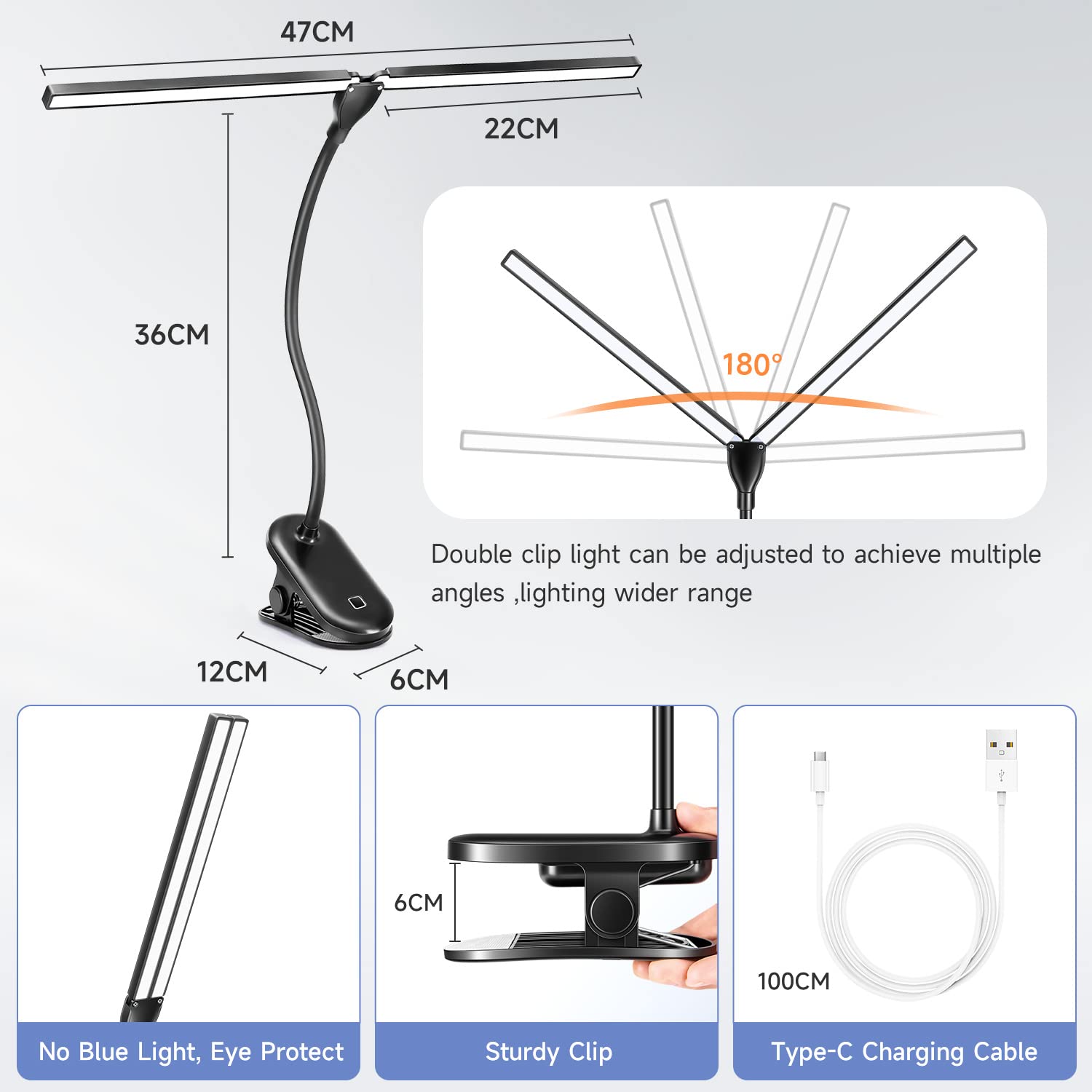 Mubarek Desk Lamp, 900LM Double Head Clip On Light, 30 Modes LED Desk Lamp, Dimmable LED Desk Light,360° Adjustable Clip On Lamp, Rechargeable Clip On Desk Lamp, Eye Care Clamp Table Light,Piano Lamp