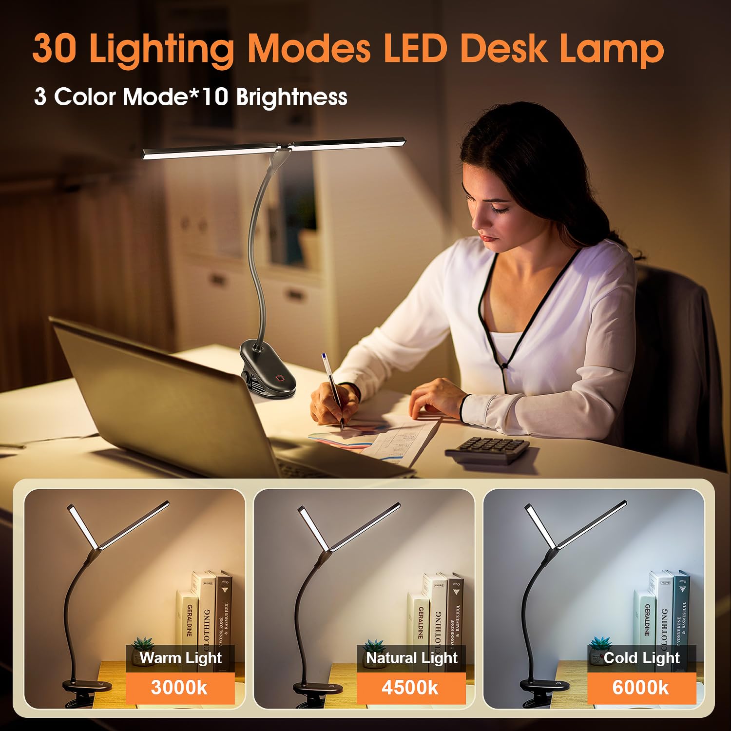 Mubarek Desk Lamp, 900LM Double Head Clip On Light, 30 Modes LED Desk Lamp, Dimmable LED Desk Light,360° Adjustable Clip On Lamp, Rechargeable Clip On Desk Lamp, Eye Care Clamp Table Light,Piano Lamp