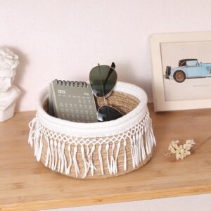 small rope basket for boho decor storage with tassels, jute cotton rope storage basket for farmhouse organizing decorative basket, bedroom nursery livingroom entryway