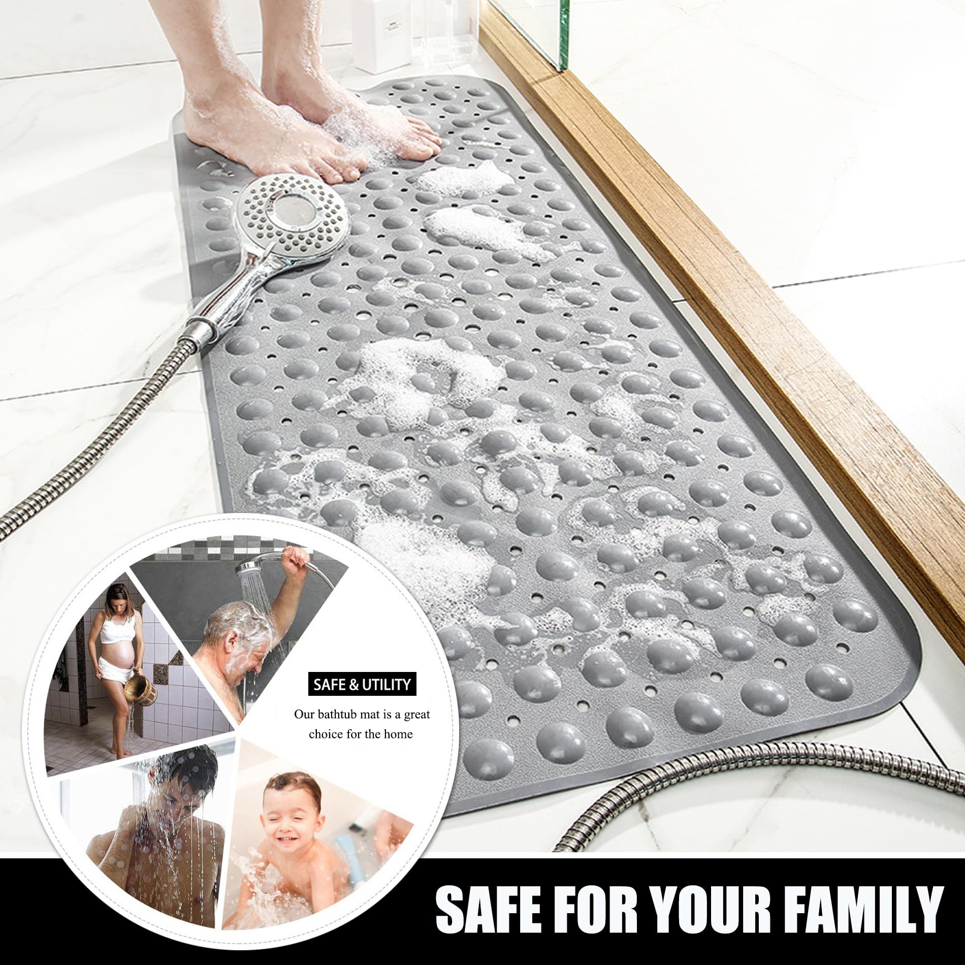 Large Non Slip Bathtub Mat, Extra Long Bath Mat for Tub, 40 x 16 Inch, Machine Washable Shower Mats with Suction Cups and Drain Holes, Bath Tub Mats for Bathroom Non Slip, Grey