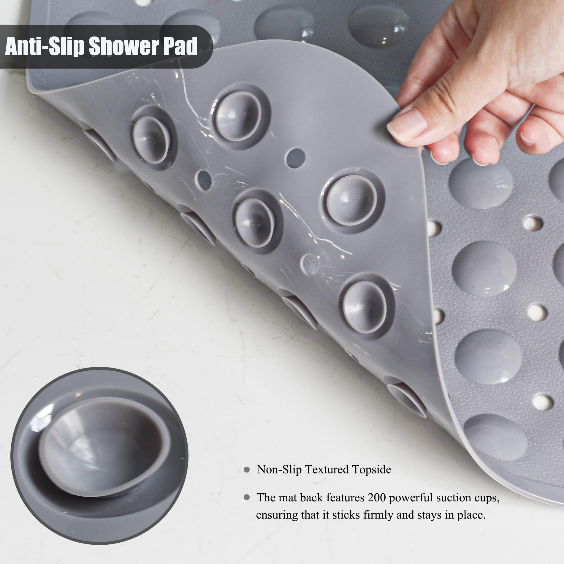 Large Non Slip Bathtub Mat, Extra Long Bath Mat for Tub, 40 x 16 Inch, Machine Washable Shower Mats with Suction Cups and Drain Holes, Bath Tub Mats for Bathroom Non Slip, Grey