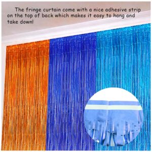 Blue and Orange Foil Fringe Curtains, Blue Orange Dog Birthday Party Supplies Blue Orange and Light Blue Streamer Backdrop Tinsel Photo Booth Prop for Blue Orange Dog Party Decoration (3Pack)