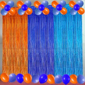 Blue and Orange Foil Fringe Curtains, Blue Orange Dog Birthday Party Supplies Blue Orange and Light Blue Streamer Backdrop Tinsel Photo Booth Prop for Blue Orange Dog Party Decoration (3Pack)