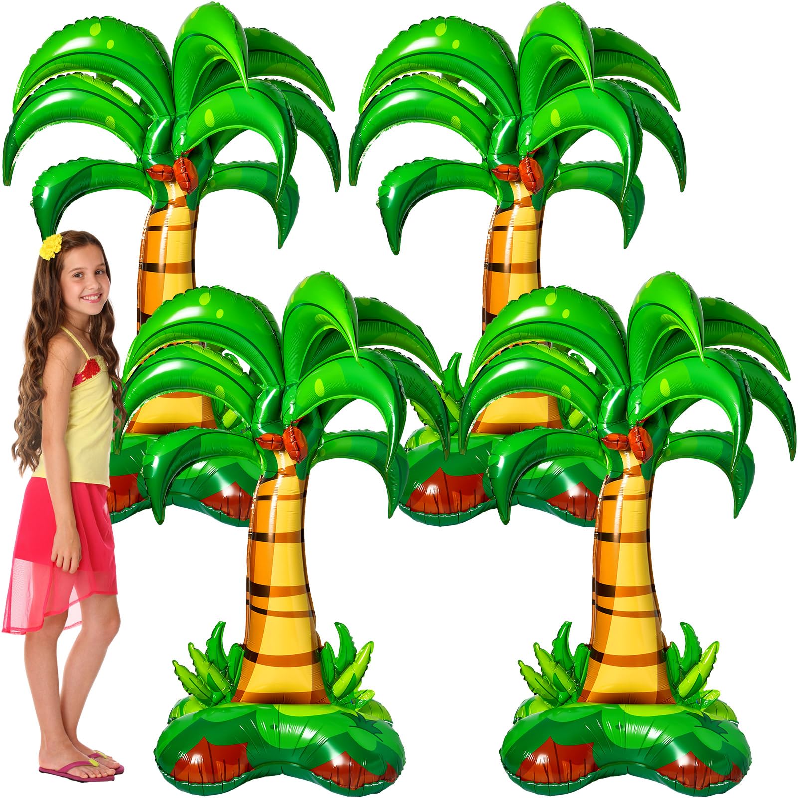 Libima 4 Pcs 52 Inch 3D Big Palm Tree Balloons Foil Balloons Birthday Wedding Party Decor Inflatable Palm Tree Balloons for Kids Adults Hawaiian Luau Party Baby Shower Ball Summer Theme Decorations