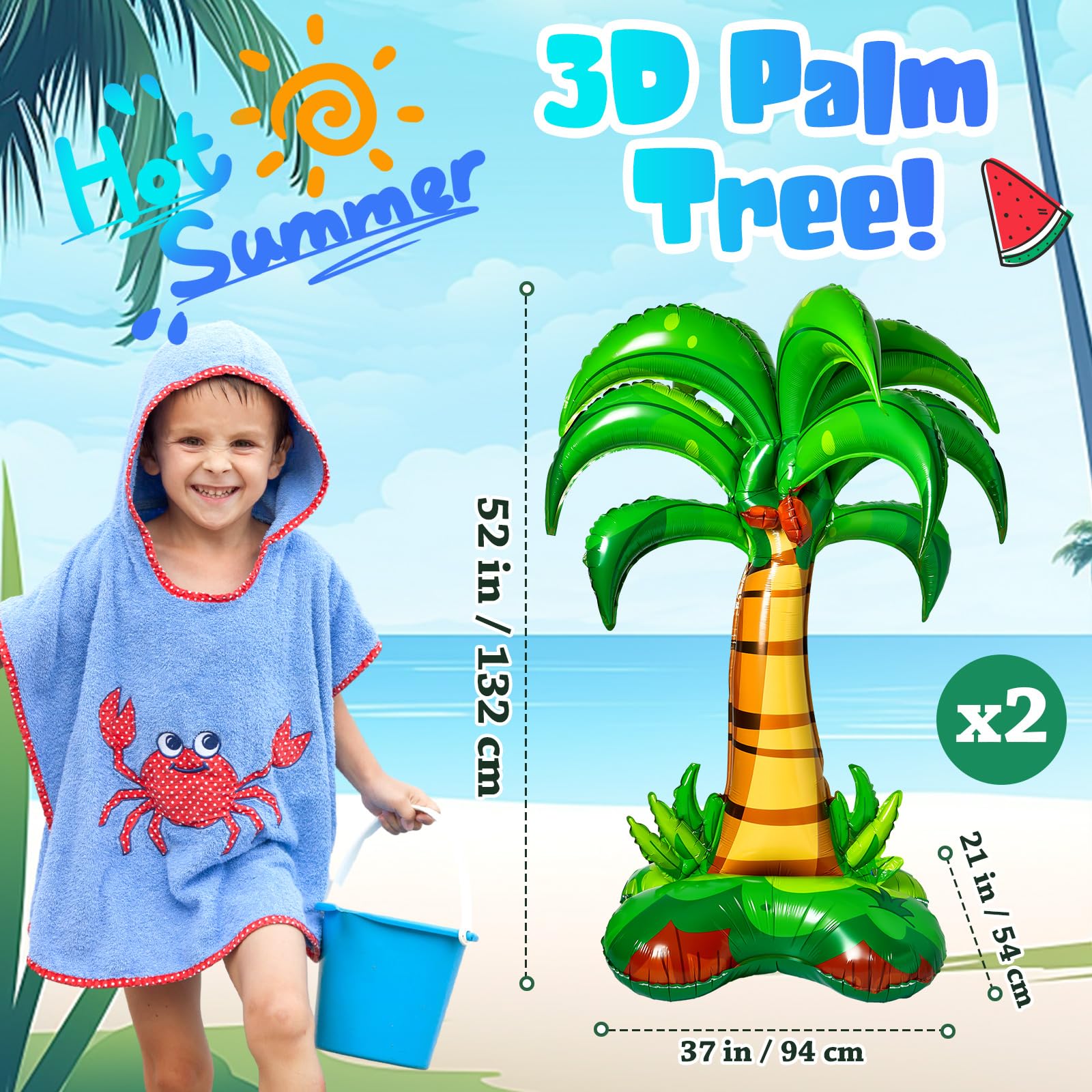 Libima 4 Pcs 52 Inch 3D Big Palm Tree Balloons Foil Balloons Birthday Wedding Party Decor Inflatable Palm Tree Balloons for Kids Adults Hawaiian Luau Party Baby Shower Ball Summer Theme Decorations