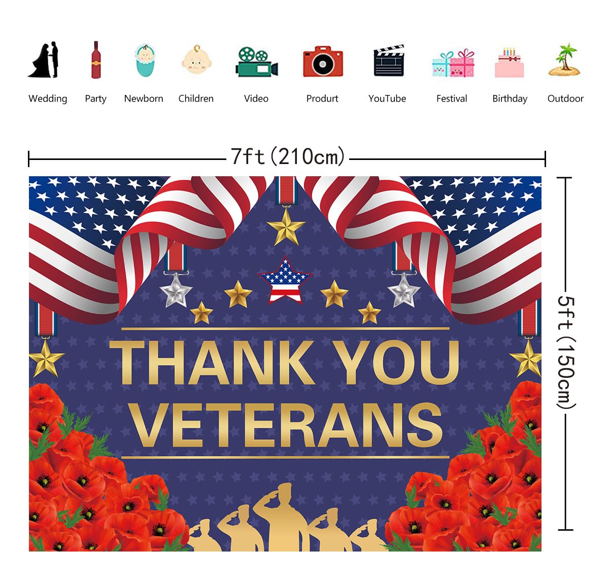 Thank You Veterans Photography Backdrop Banner Patriotic Memorial Day Background for Greeting Military Army Heroes Theme Party Supplies Photo Booth Props Decoration (7X5FT)