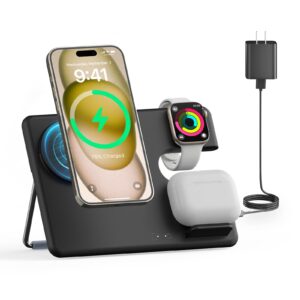 3 in 1 wireless charger stand for magsafe: 𝟮𝟬𝟮𝟰 𝗡𝗲𝘄 charging station for iphone 15/14/13/12 series - magnetic phone pad for apple watch ultra 2/series 9/8/7/6/5/4/3/2/se, airpods pro 3rd/2nd