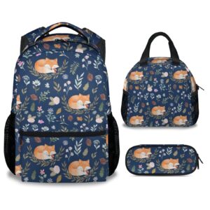 mercuryelf fox girls boys backpack with lunch box set, 3 in 1 school travel backpacks matching combo, aesthetic dark blue bookbag and pencil case bundle