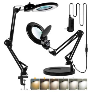 10x magnifying glass with light and stand,kuvrs 2200 lumen infinite color temperature stepless dimming magnifying lamp, head dual dimmer adjustable swing arm magnifier with light soldering craft hobby