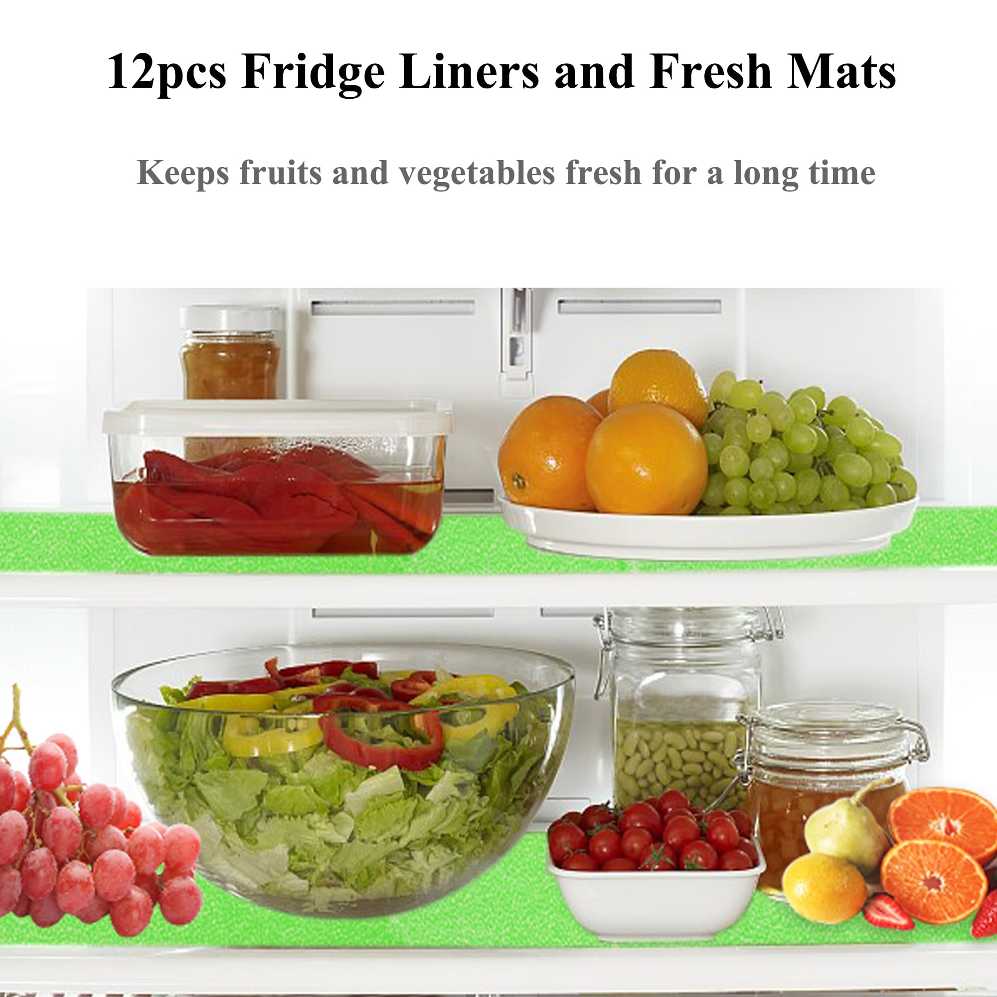 12Pack 12 * 15inches Fridge Liners and Mats Washable; Keep Promotes Air Circulation and Slows Down The Aging of Fruits or Vegetables. Refrigerator Liner Mats Keeps Produce Fresh Longer