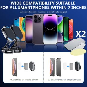 DAFUZ 2 Pack Alloy Folding Magnetic Car Phone Holder,360° Rotation Magnetic Cell Phone Holder for Car, [Super Strong Magnet] for All Smartphone (Black+Silver)