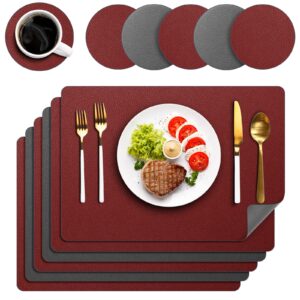 paryeah faux leather placemats set of 6, two-sided placemat with coaster heat resistant placemats for dining table waterproof wipeable washable table mats (red & grey, set of 6)