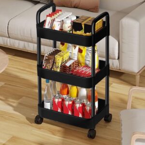 EZ Cozy 3 Tier Rolling Cart, Plastic Rolling Utility Cart with Wheels, Laundry Room Organization, Rolling Storage Cart Organizer, Easy Assemble Bathroom Organizer for Kitchen, Room, Office (Black)