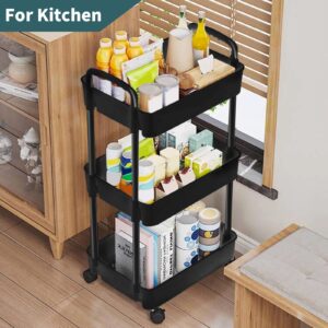 EZ Cozy 3 Tier Rolling Cart, Plastic Rolling Utility Cart with Wheels, Laundry Room Organization, Rolling Storage Cart Organizer, Easy Assemble Bathroom Organizer for Kitchen, Room, Office (Black)