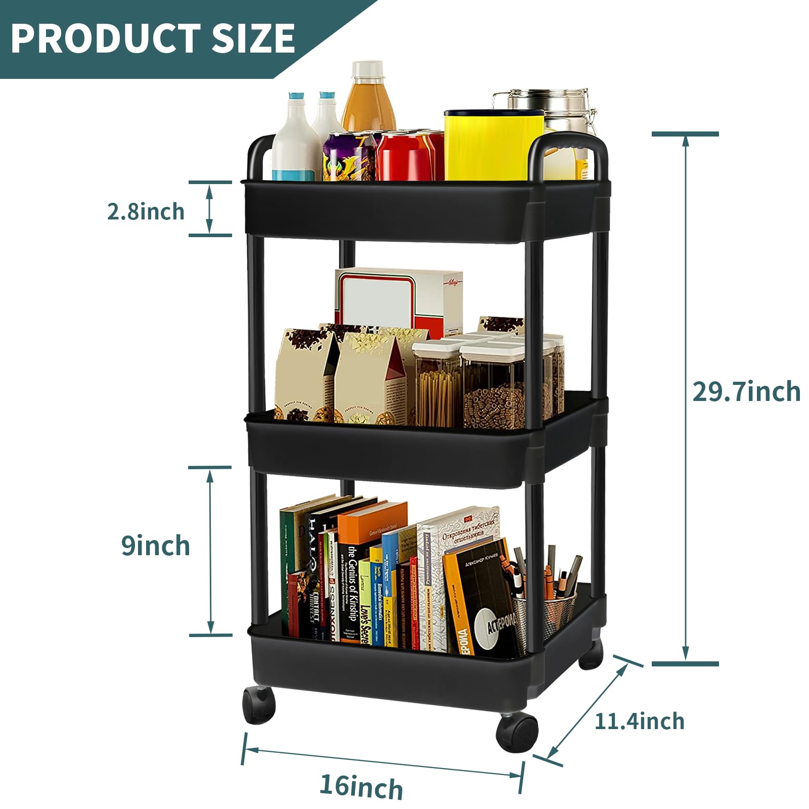 EZ Cozy 3 Tier Rolling Cart, Plastic Rolling Utility Cart with Wheels, Laundry Room Organization, Rolling Storage Cart Organizer, Easy Assemble Bathroom Organizer for Kitchen, Room, Office (Black)