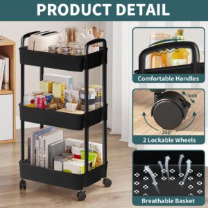 EZ Cozy 3 Tier Rolling Cart, Plastic Rolling Utility Cart with Wheels, Laundry Room Organization, Rolling Storage Cart Organizer, Easy Assemble Bathroom Organizer for Kitchen, Room, Office (Black)