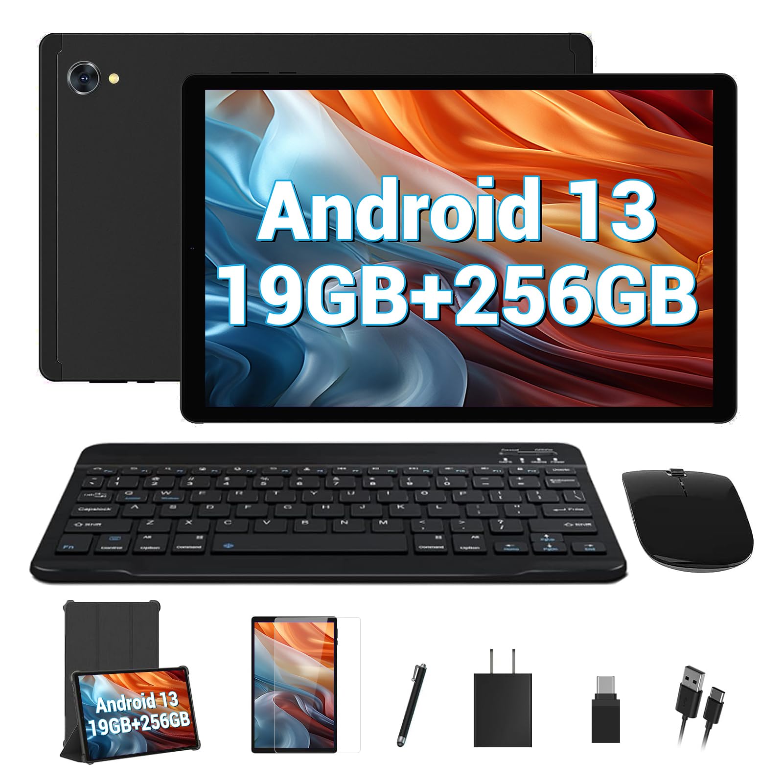 Android 13 Tablet with Keyboard 10.4 inch Tablets,19GB(8+11)Ram 256GB Storage Tablet 1TB Expandable, 8 Core Processor, 2000*1200 IPS, 2.4G/5G WiFi, 8000mAh, BT 5.0, GPS Android Tablets bundle-Black