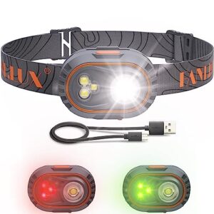 fant.lux led headlamp & cap light, 500 lumen rechargeable bright spot light for camping, hiking, caving, fishing with adjustable headstrap and cap clip, green red light for hunting